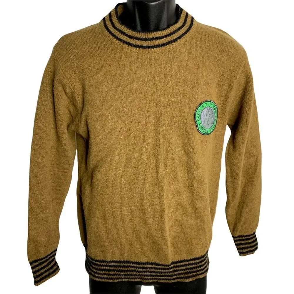 XY Corp Wool Pullover Sweater S Brown Long Sleeve Embroidered Patch High Neck